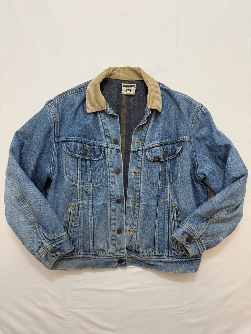 Vintage Lee Blanket Lined Denim Trucker Jacket Blue Men's Large Corduroy Collar